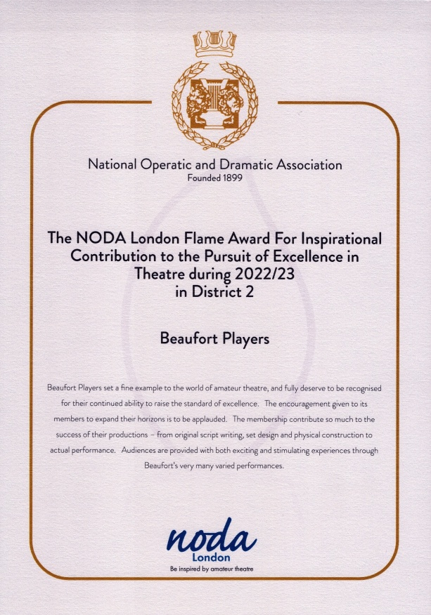 NODA 2023 flame award certificate
